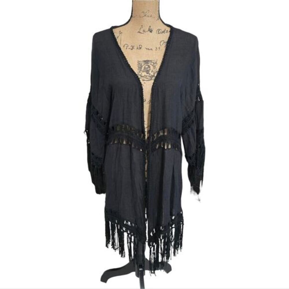 Vivid‎ Black Crochet Fringe Boho Kimono Duster Swimsuit Coverup Plus Size 1X New